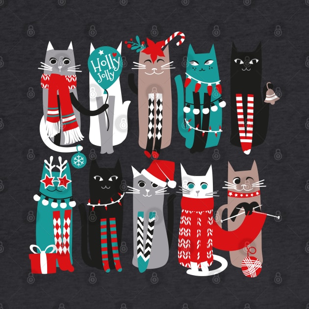 Feline Christmas vibes // print // dark teal background grey mint white brown and black kittens by SelmaCardoso